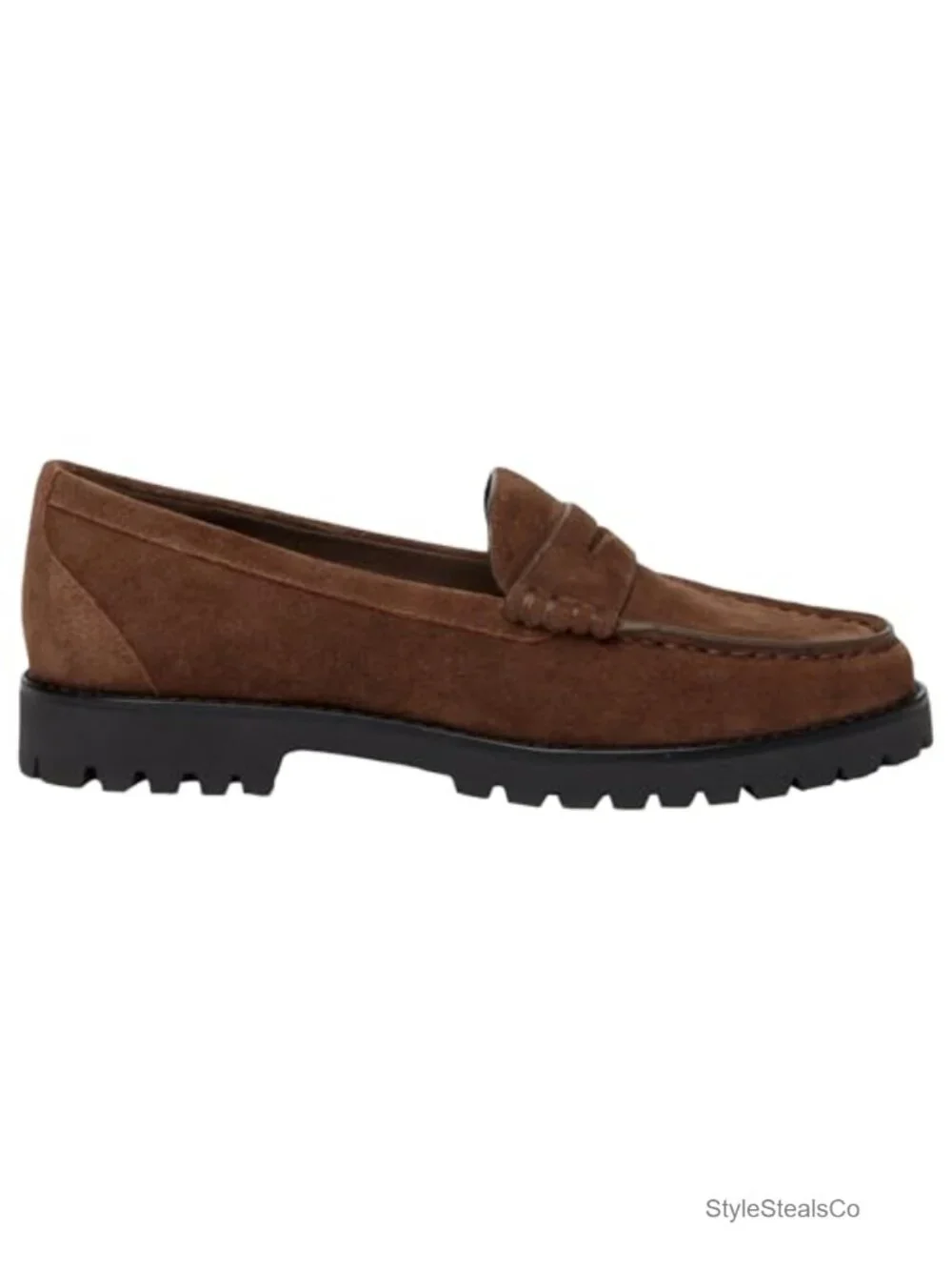 Women's Chocolate Suede Loafers Flat Slip-On with Lug Sole